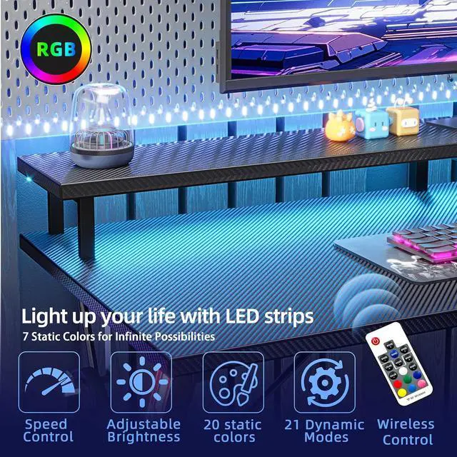 Alt view image 7 of 7 - TIQLAB Gaming Desk with Power Outlets & LED 40 Inch Ergonomic Computer Carbon Fiber Surface Gamer Desk, Large Monitor Stand, Headphone Hook, PC Workstation for Bedroom, Black