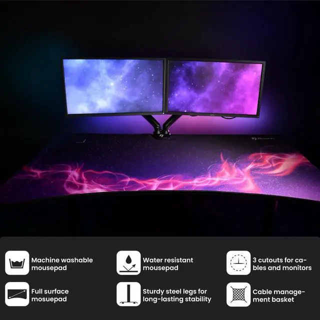 Alt view image 4 of 7 - Arozzi Arena Special Edition Ultrawide Curved Gaming and Office Desk with Full Surface Water Resistant Desk Mat Custom Monitor Mount Cable Management Cut Outs - Purple Galaxy