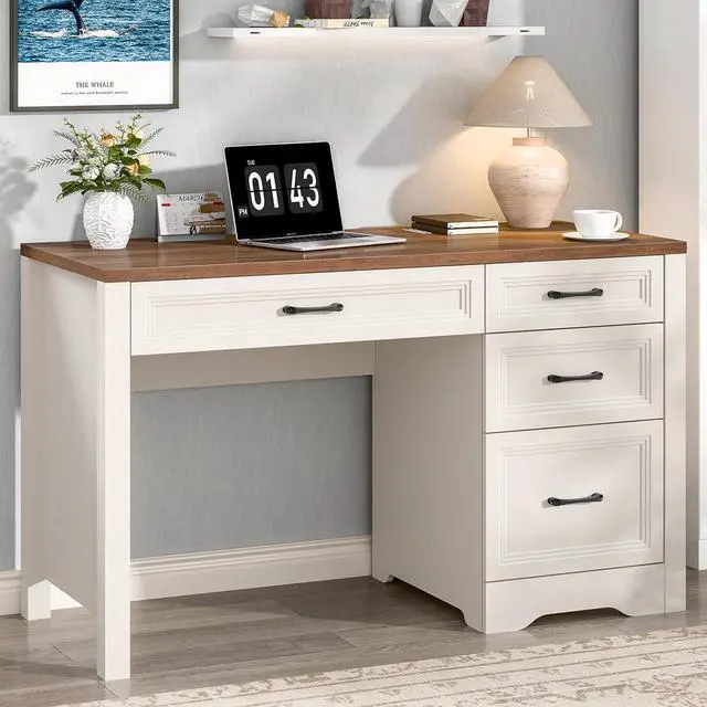 Main image of Vabches Farmhouse Executive Desk with Storage and Ample File Drawer, Rustic Large Home Writing Desk for Bedroom, White
