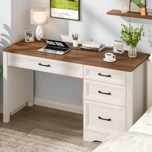 Alt view image 3 of 7 - Vabches Farmhouse Executive Desk with Storage and Ample File Drawer, Rustic Large Home Writing Desk for Bedroom, White