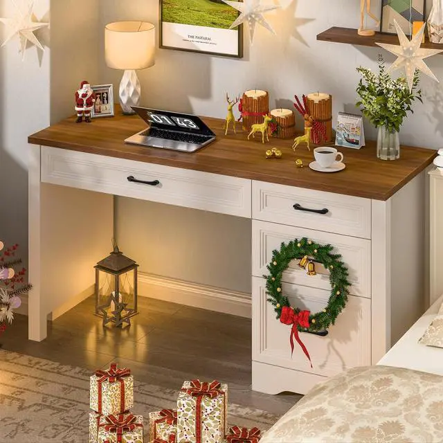 Alt view image 4 of 7 - Vabches Farmhouse Executive Desk with Storage and Ample File Drawer, Rustic Large Home Writing Desk for Bedroom, White