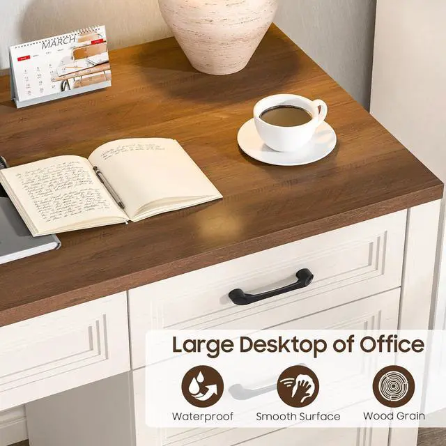 Alt view image 7 of 7 - Vabches Farmhouse Executive Desk with Storage and Ample File Drawer, Rustic Large Home Writing Desk for Bedroom, White