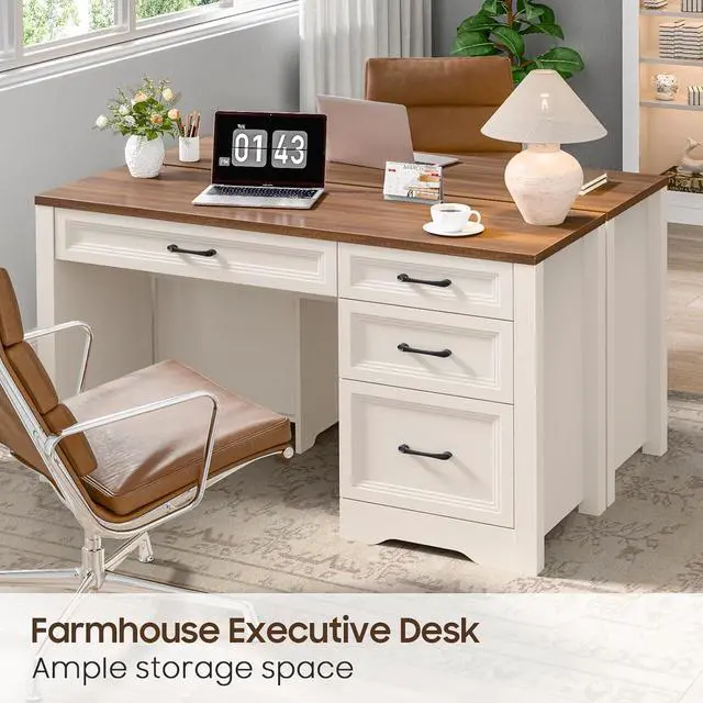 Alt view image 5 of 7 - Vabches Farmhouse Executive Desk with Storage and Ample File Drawer, Rustic Large Home Writing Desk for Bedroom, White