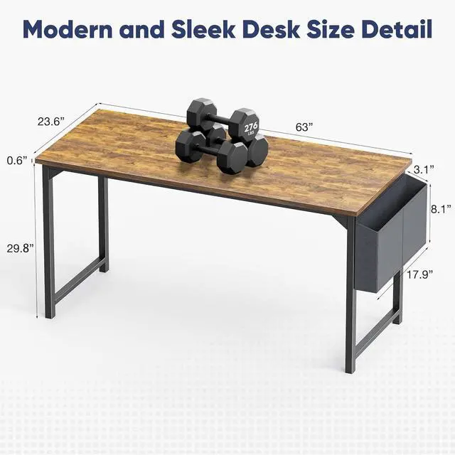 Alt view image 3 of 7 - 63 inch Computer Desk with Storage, Brown PC Gaming Desk Teacher Work Wrting Table Rectangular, Ergonomic Sturdy Tables with Metal Frame Wooden Desktop Side Hook for Bedroom Home Office