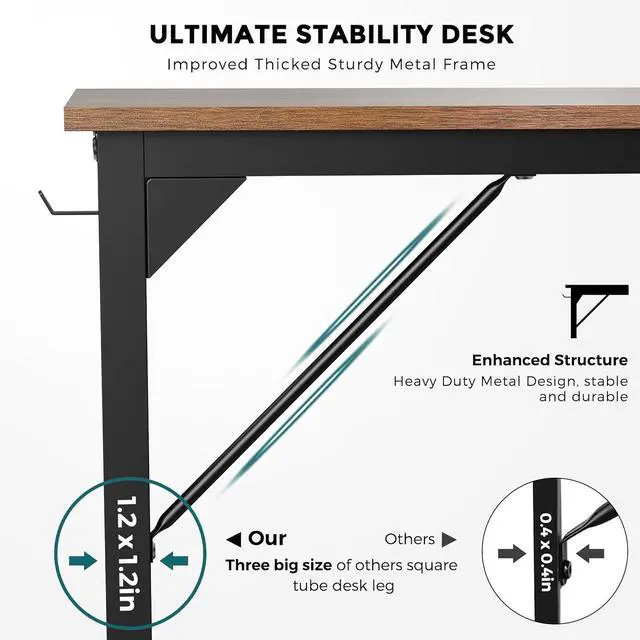 Alt view image 4 of 7 - 63 inch Computer Desk with Storage, Brown PC Gaming Desk Teacher Work Wrting Table Rectangular, Ergonomic Sturdy Tables with Metal Frame Wooden Desktop Side Hook for Bedroom Home Office