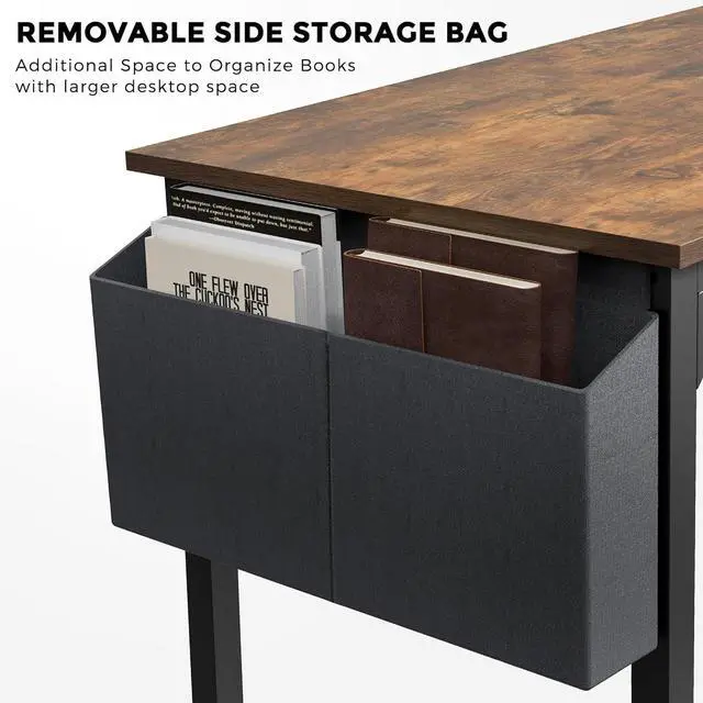 Alt view image 5 of 7 - 63 inch Computer Desk with Storage, Brown PC Gaming Desk Teacher Work Wrting Table Rectangular, Ergonomic Sturdy Tables with Metal Frame Wooden Desktop Side Hook for Bedroom Home Office