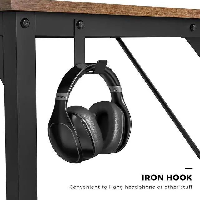 Alt view image 6 of 7 - 63 inch Computer Desk with Storage, Brown PC Gaming Desk Teacher Work Wrting Table Rectangular, Ergonomic Sturdy Tables with Metal Frame Wooden Desktop Side Hook for Bedroom Home Office