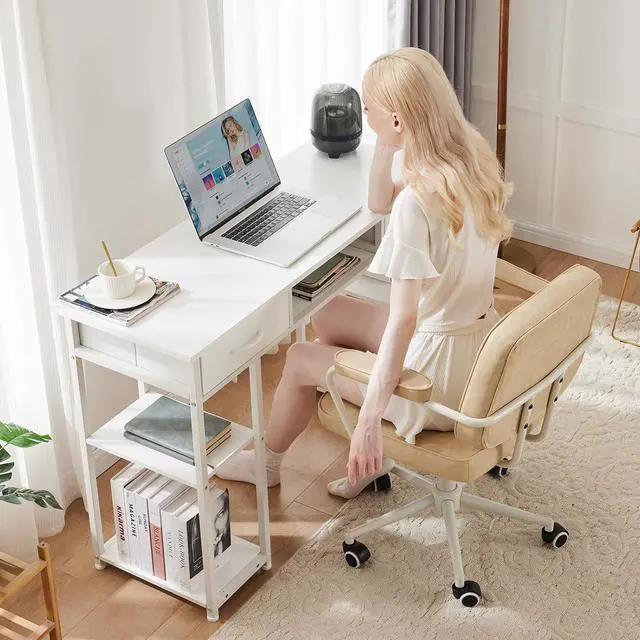 Alt view image 2 of 7 - Sweetcrispy Computer Desk 48 Inch Home Office Bedroom Writing Study PC Table with Fabric Drawers Storage Shelves Space Side Bag Headphone Hook Metal Frame Adjustable Feet Modern Simple Style