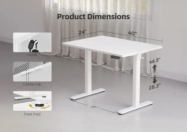 Alt view image 3 of 7 - YDN Electric Standing Desk Adjustable Height, Stand up Desk with Cable Management, Home Office Desks with Splice Board & Frame, 40 x 24 Inches, White Top