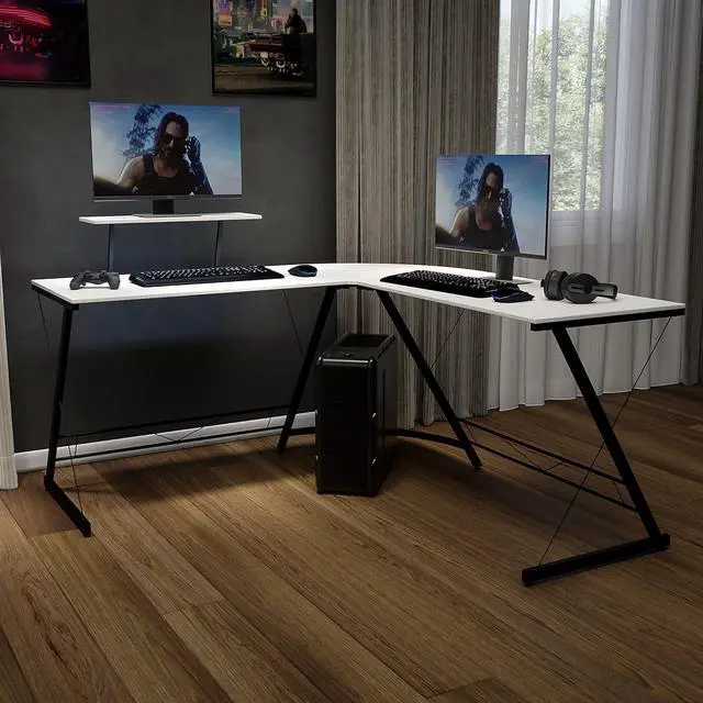 Alt view image 2 of 6 - Flash Furniture Ginny Corner Desk - White/Black Space Saving L-Shaped Gaming Desk with Monitor Shelf - 71.5" 2-Tier Computer Desk, Home Office Desk, Easy Assembly
