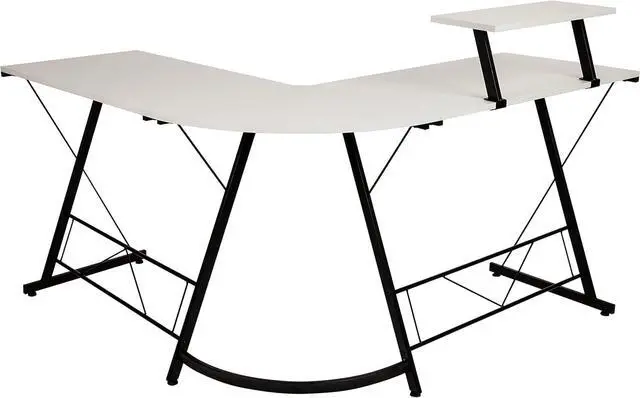 Alt view image 5 of 6 - Flash Furniture Ginny Corner Desk - White/Black Space Saving L-Shaped Gaming Desk with Monitor Shelf - 71.5" 2-Tier Computer Desk, Home Office Desk, Easy Assembly