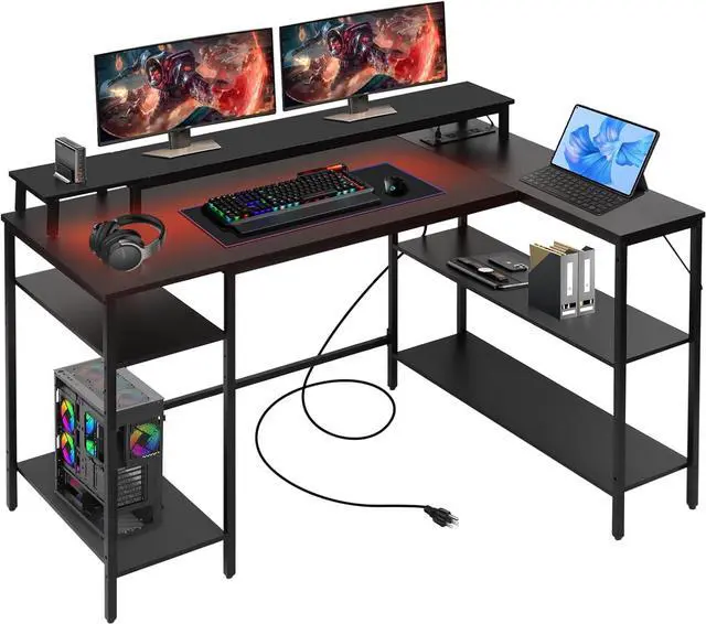 Main image of Panana L Shaped Gaming Desk with LED Lights & Power Outlets, Reversible Computer Desk with Stand & Shelves, Corner Desk Home Office Desk with USB Charging Port (Black)