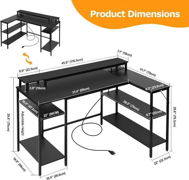 Alt view image 2 of 7 - Panana L Shaped Gaming Desk with LED Lights & Power Outlets, Reversible Computer Desk with Stand & Shelves, Corner Desk Home Office Desk with USB Charging Port (Black)