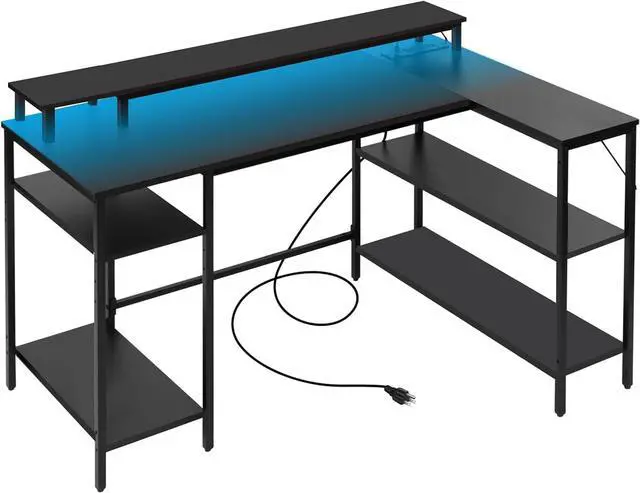 Alt view image 3 of 7 - Panana L Shaped Gaming Desk with LED Lights & Power Outlets, Reversible Computer Desk with Stand & Shelves, Corner Desk Home Office Desk with USB Charging Port (Black)