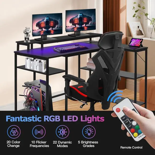 Alt view image 4 of 7 - Panana L Shaped Gaming Desk with LED Lights & Power Outlets, Reversible Computer Desk with Stand & Shelves, Corner Desk Home Office Desk with USB Charging Port (Black)