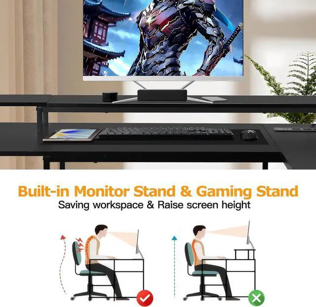 Alt view image 5 of 7 - Panana L Shaped Gaming Desk with LED Lights & Power Outlets, Reversible Computer Desk with Stand & Shelves, Corner Desk Home Office Desk with USB Charging Port (Black)