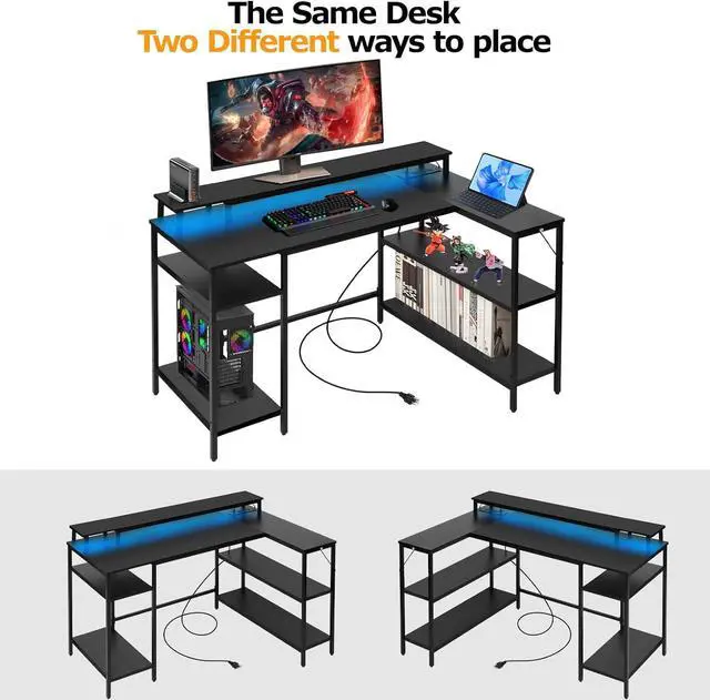 Alt view image 6 of 7 - Panana L Shaped Gaming Desk with LED Lights & Power Outlets, Reversible Computer Desk with Stand & Shelves, Corner Desk Home Office Desk with USB Charging Port (Black)