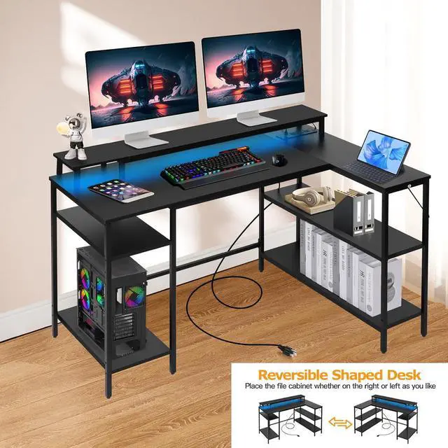 Alt view image 7 of 7 - Panana L Shaped Gaming Desk with LED Lights & Power Outlets, Reversible Computer Desk with Stand & Shelves, Corner Desk Home Office Desk with USB Charging Port (Black)