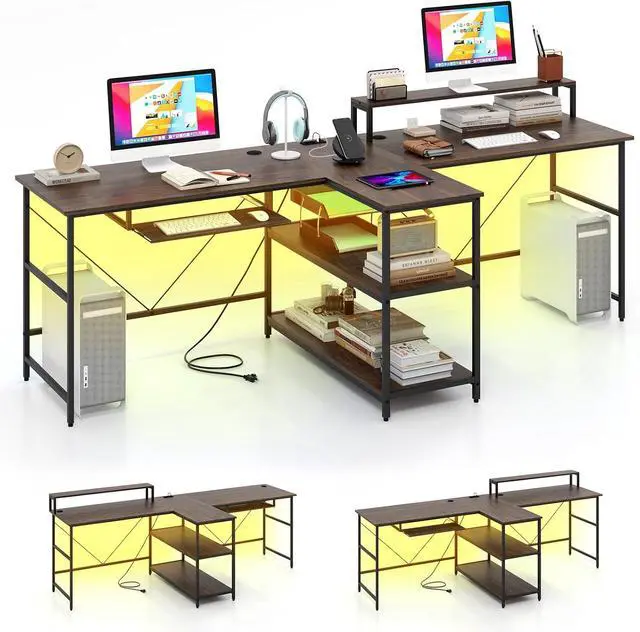 Main image of Tangkula 2-Person Reversible Computer Desk with LED Lights, 94.5 Long Office Desk with Power Outlets, Monitor Stand, Keyboard Tray & 2 Storage Shelves, Double Desk for Gaming Working Writing (Walnut)