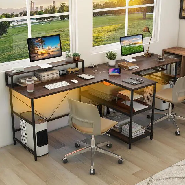 Alt view image 2 of 7 - Tangkula 2-Person Reversible Computer Desk with LED Lights, 94.5 Long Office Desk with Power Outlets, Monitor Stand, Keyboard Tray & 2 Storage Shelves, Double Desk for Gaming Working Writing (Walnut)