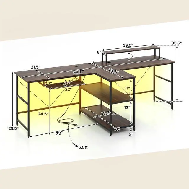 Alt view image 3 of 7 - Tangkula 2-Person Reversible Computer Desk with LED Lights, 94.5 Long Office Desk with Power Outlets, Monitor Stand, Keyboard Tray & 2 Storage Shelves, Double Desk for Gaming Working Writing (Walnut)