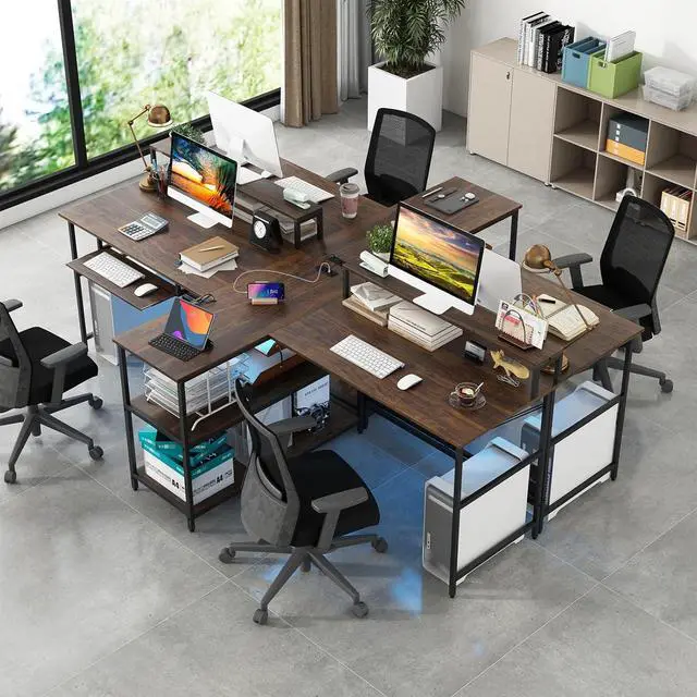 Alt view image 4 of 7 - Tangkula 2-Person Reversible Computer Desk with LED Lights, 94.5 Long Office Desk with Power Outlets, Monitor Stand, Keyboard Tray & 2 Storage Shelves, Double Desk for Gaming Working Writing (Walnut)