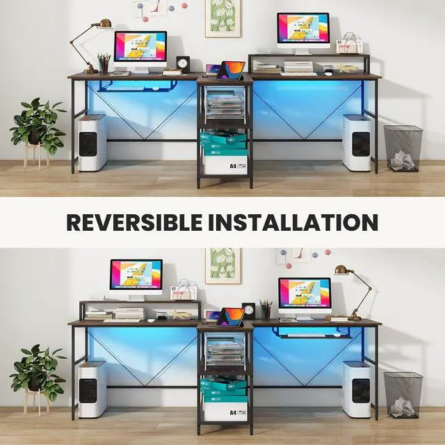 Alt view image 7 of 7 - Tangkula 2-Person Reversible Computer Desk with LED Lights, 94.5 Long Office Desk with Power Outlets, Monitor Stand, Keyboard Tray & 2 Storage Shelves, Double Desk for Gaming Working Writing (Walnut)