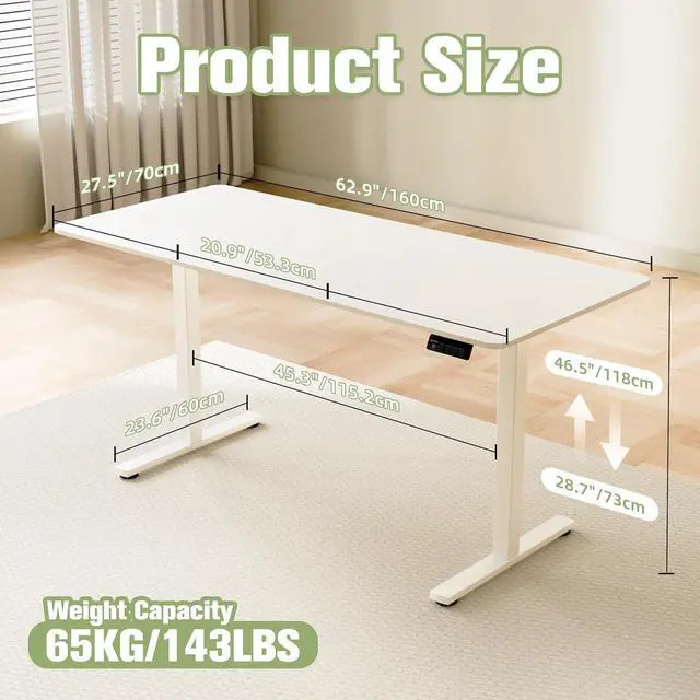Alt view image 3 of 7 - 63" Electric Standing Desk, Adjustable Height, Sit Stand Up Desk for Home Office & Computer Workstations, Memory Controller, White
