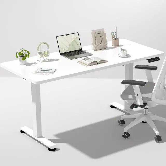 Main image of Veken 55 Inch, Height Adjustable Sit Stand Up, Wood Desktop, Work Home Office Computer PC Table, Tall Standup Workstation, Gaming Writing Study Bedroom Rising Desks, White