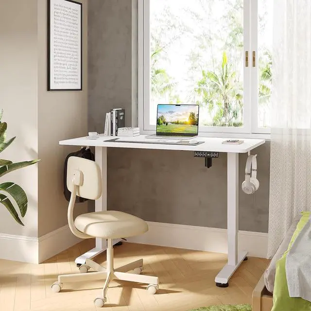 Alt view image 2 of 7 - Veken 55 Inch, Height Adjustable Sit Stand Up, Wood Desktop, Work Home Office Computer PC Table, Tall Standup Workstation, Gaming Writing Study Bedroom Rising Desks, White