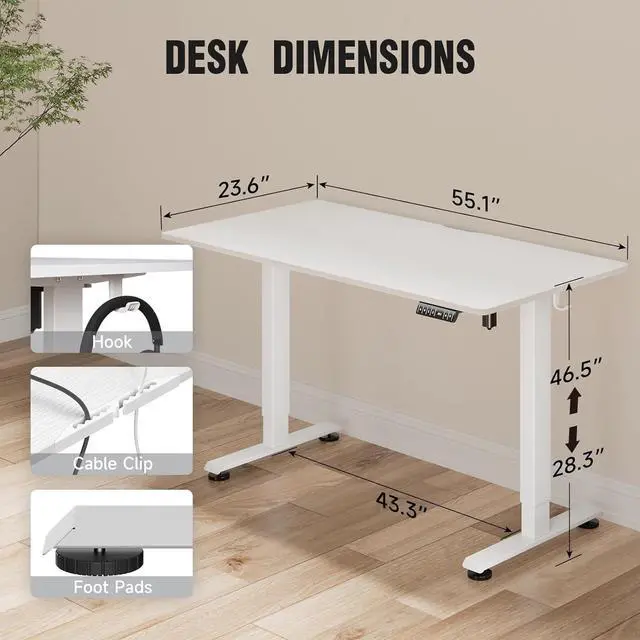 Alt view image 3 of 7 - Veken 55 Inch, Height Adjustable Sit Stand Up, Wood Desktop, Work Home Office Computer PC Table, Tall Standup Workstation, Gaming Writing Study Bedroom Rising Desks, White