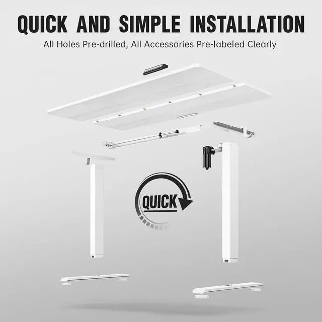 Alt view image 5 of 7 - Veken 55 Inch, Height Adjustable Sit Stand Up, Wood Desktop, Work Home Office Computer PC Table, Tall Standup Workstation, Gaming Writing Study Bedroom Rising Desks, White