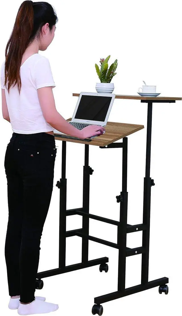 Alt view image 3 of 7 - SDADI 2 Inches Carpet Wheels Mobile Standing Desk Stand Up Desk Height Adjustable Home Office Desk with Standing and Seating 2 Modes 3.0 Edition,Oak S001BFDT