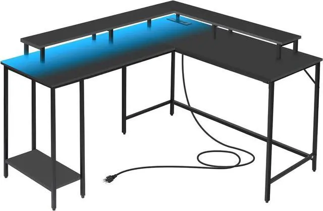 Alt view image 4 of 7 - Panana 53.5" L Shaped Computer Desk Gaming Desk with LED Lights and Power Outlets, Reversible L Shaped Corner Desk with Monitor Stand, Home Office Desk with Shelf and USB Port (Black)