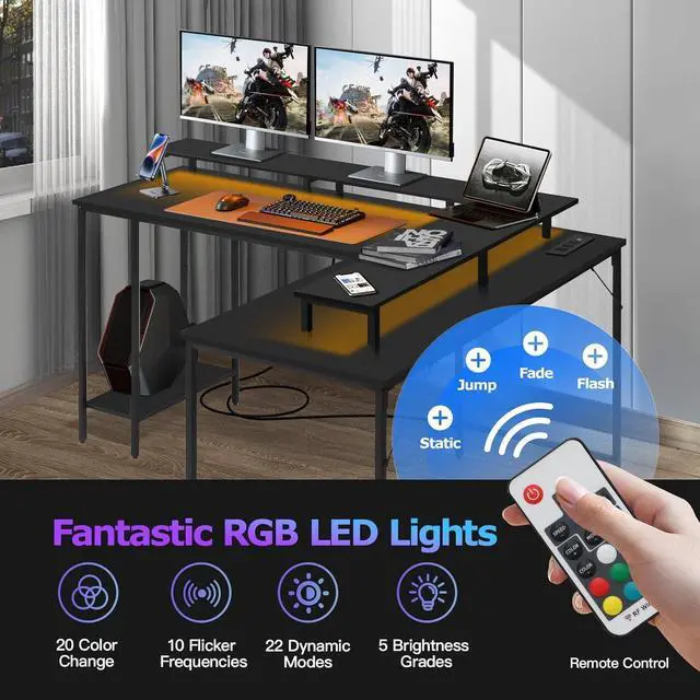 Alt view image 5 of 7 - Panana 53.5" L Shaped Computer Desk Gaming Desk with LED Lights and Power Outlets, Reversible L Shaped Corner Desk with Monitor Stand, Home Office Desk with Shelf and USB Port (Black)