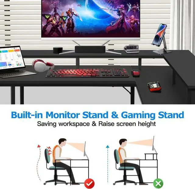 Alt view image 6 of 7 - Panana 53.5" L Shaped Computer Desk Gaming Desk with LED Lights and Power Outlets, Reversible L Shaped Corner Desk with Monitor Stand, Home Office Desk with Shelf and USB Port (Black)