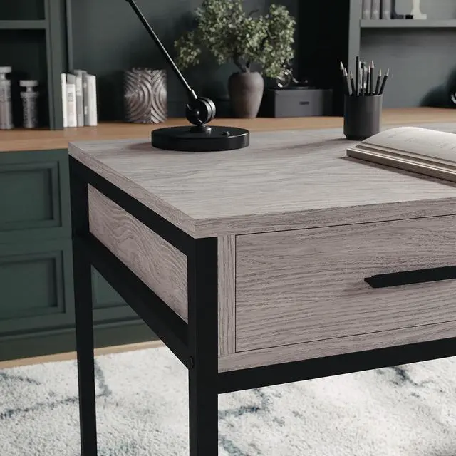 Alt view image 7 of 7 - Martha Stewart Ollie Home Office Desk with 3 Drawers in Gray Wood Grain with Oil Rubbed Bronze Hardware