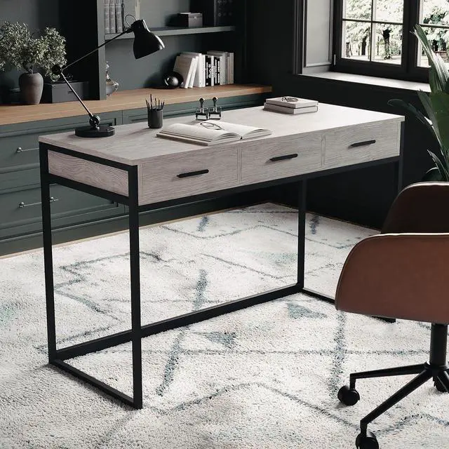 Alt view image 6 of 7 - Martha Stewart Ollie Home Office Desk with 3 Drawers in Gray Wood Grain with Oil Rubbed Bronze Hardware