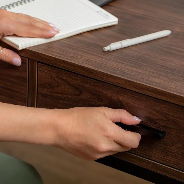 Alt view image 6 of 7 - Martha Stewart Ollie Home Office Desk with 3 Drawers in Walnut Wood Grain with Oil Rubbed Bronze Hardware