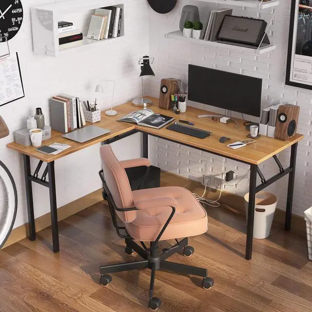 Alt view image 2 of 7 - Need L Shaped Folding Desk, Reversible Computer Desk for Home Office, Large Foldable Gaming Desk Table Workstation, Teak and Black