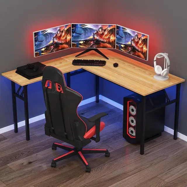 Alt view image 4 of 7 - Need L Shaped Folding Desk, Reversible Computer Desk for Home Office, Large Foldable Gaming Desk Table Workstation, Teak and Black