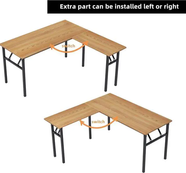 Alt view image 6 of 7 - Need L Shaped Folding Desk, Reversible Computer Desk for Home Office, Large Foldable Gaming Desk Table Workstation, Teak and Black