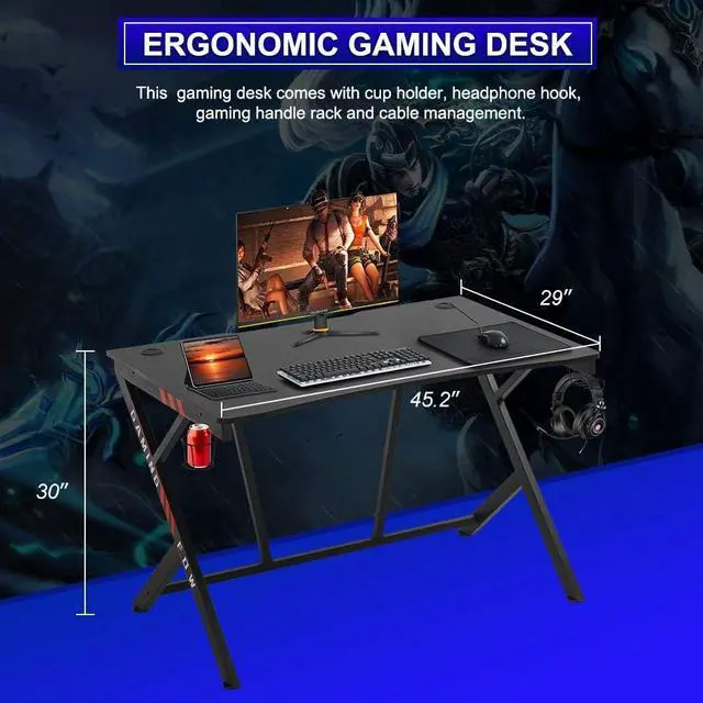 Alt view image 2 of 7 - Gaming Desk 45" W x 29" D Home Office Computer Desk Racing Style Study DeskExtra Large Modern Ergonomic PC Carbon Fiber Writing Desk Table with Cup Holder Headphone Hook