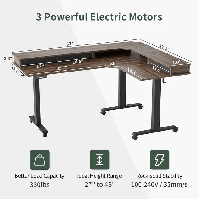 Alt view image 2 of 7 - FEZIBO Triple Motor 63" L Shaped Standing Desk with 3 Drawers, Electric Gaming Desk Adjustable Height, Corner Stand up Desk with Splice Board, Black Frame/Black Walnut Top