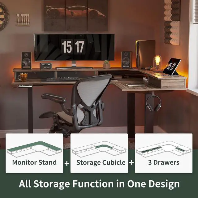 Alt view image 3 of 7 - FEZIBO Triple Motor 63" L Shaped Standing Desk with 3 Drawers, Electric Gaming Desk Adjustable Height, Corner Stand up Desk with Splice Board, Black Frame/Black Walnut Top
