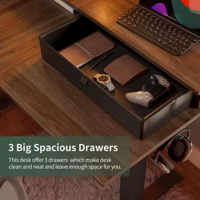 Alt view image 6 of 7 - FEZIBO Triple Motor 63" L Shaped Standing Desk with 3 Drawers, Electric Gaming Desk Adjustable Height, Corner Stand up Desk with Splice Board, Black Frame/Black Walnut Top