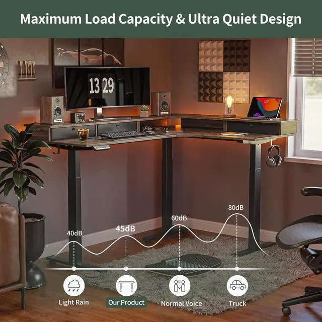 Alt view image 7 of 7 - FEZIBO Triple Motor 63" L Shaped Standing Desk with 3 Drawers, Electric Gaming Desk Adjustable Height, Corner Stand up Desk with Splice Board, Black Frame/Black Walnut Top