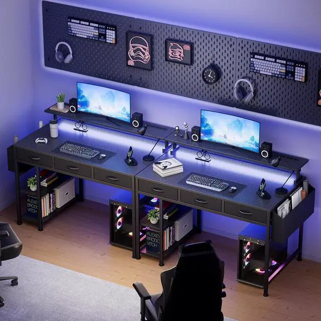 Alt view image 2 of 7 - Black Gaming Desk with LED Lights and Power Outlets, 47 Inch Computer Desk with 3 Drawers and Adjustable Monitor Stand, Home Office Desks with Charging Station USB Port, Study Writing Table
