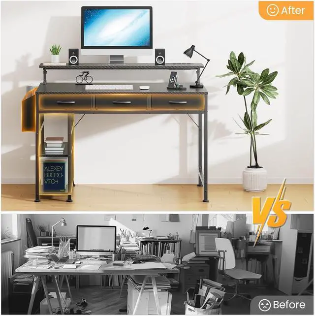 Alt view image 3 of 7 - Black Gaming Desk with LED Lights and Power Outlets, 47 Inch Computer Desk with 3 Drawers and Adjustable Monitor Stand, Home Office Desks with Charging Station USB Port, Study Writing Table