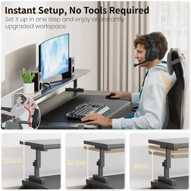 Alt view image 4 of 7 - Black Gaming Desk with LED Lights and Power Outlets, 47 Inch Computer Desk with 3 Drawers and Adjustable Monitor Stand, Home Office Desks with Charging Station USB Port, Study Writing Table